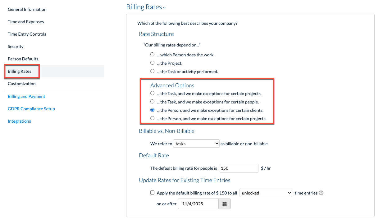 Advanced Billing Rate options in Company Preferences