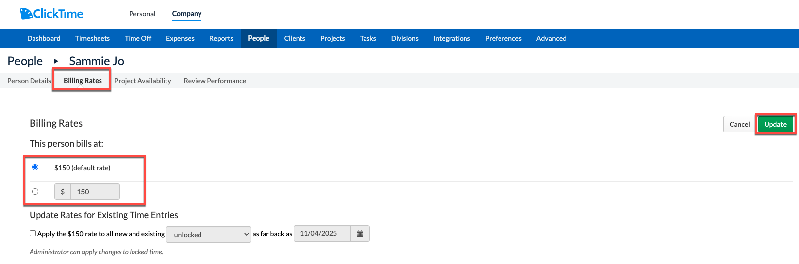 Person Details showing default Billing Rate