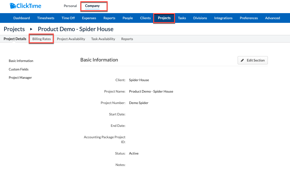 Billing Rates matrix on Project Details for Task with exceptions for Projects