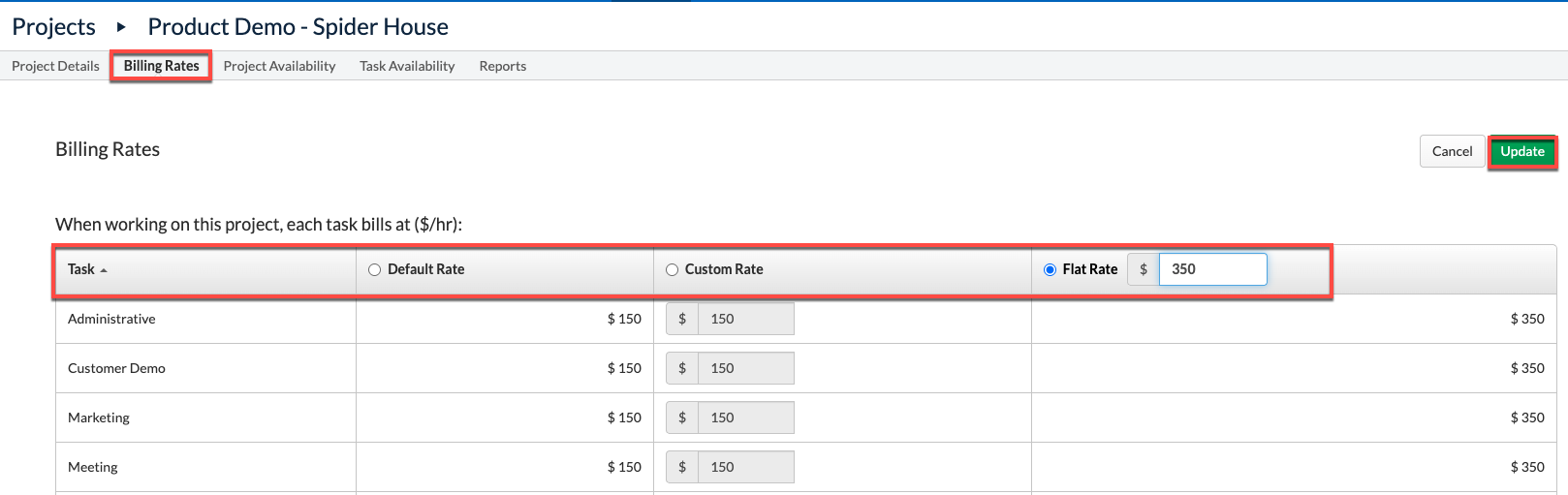 Example of Default, Custom, and Flat rates per Task on a Project