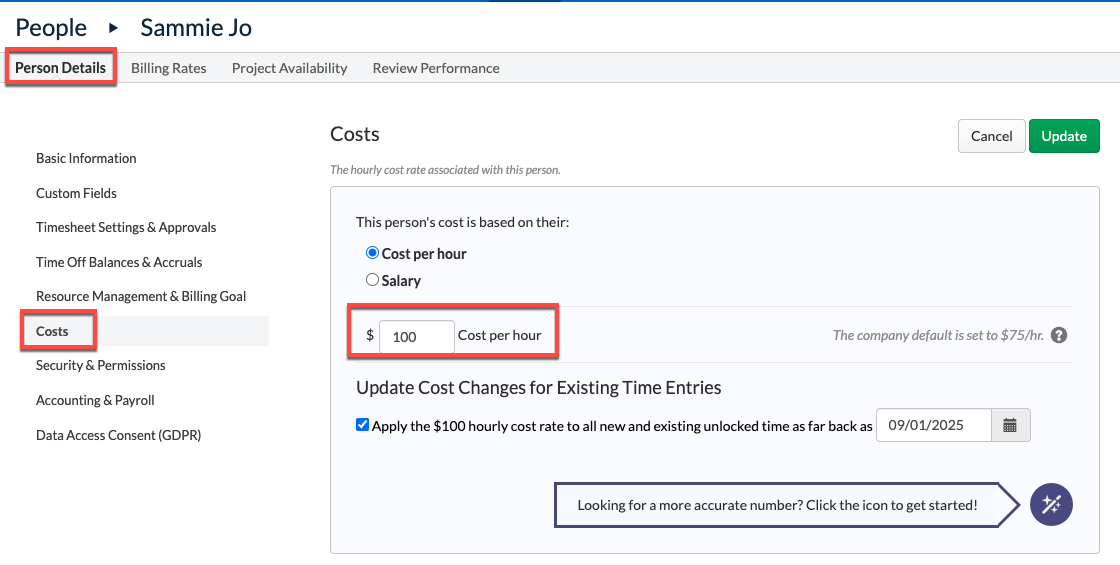 Cost section on the Person Details page