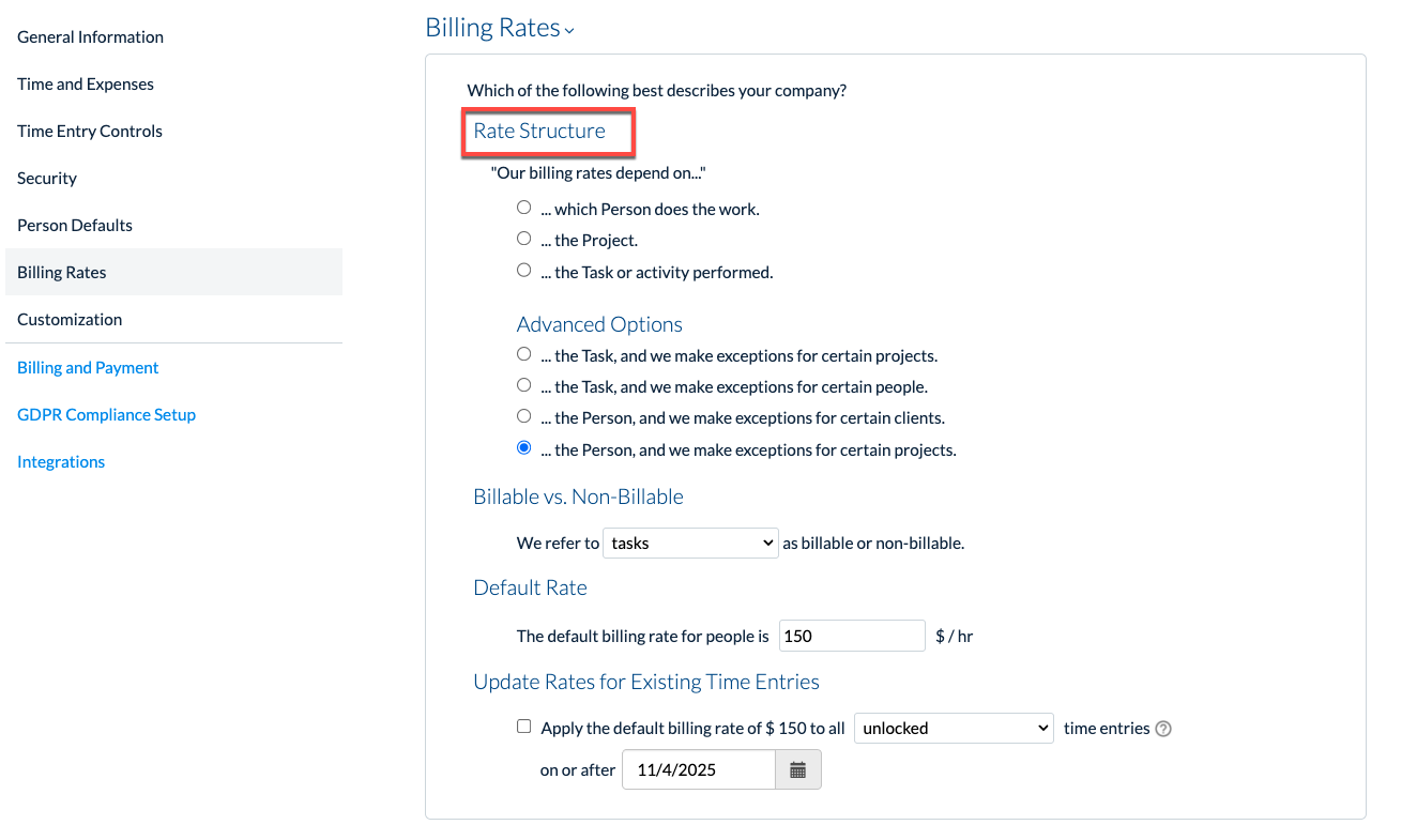Rate Structure options in Billing Rates