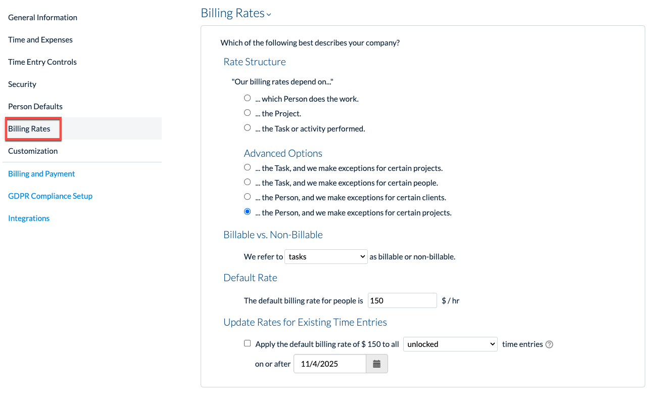 Billing Rates section in Company > Preferences