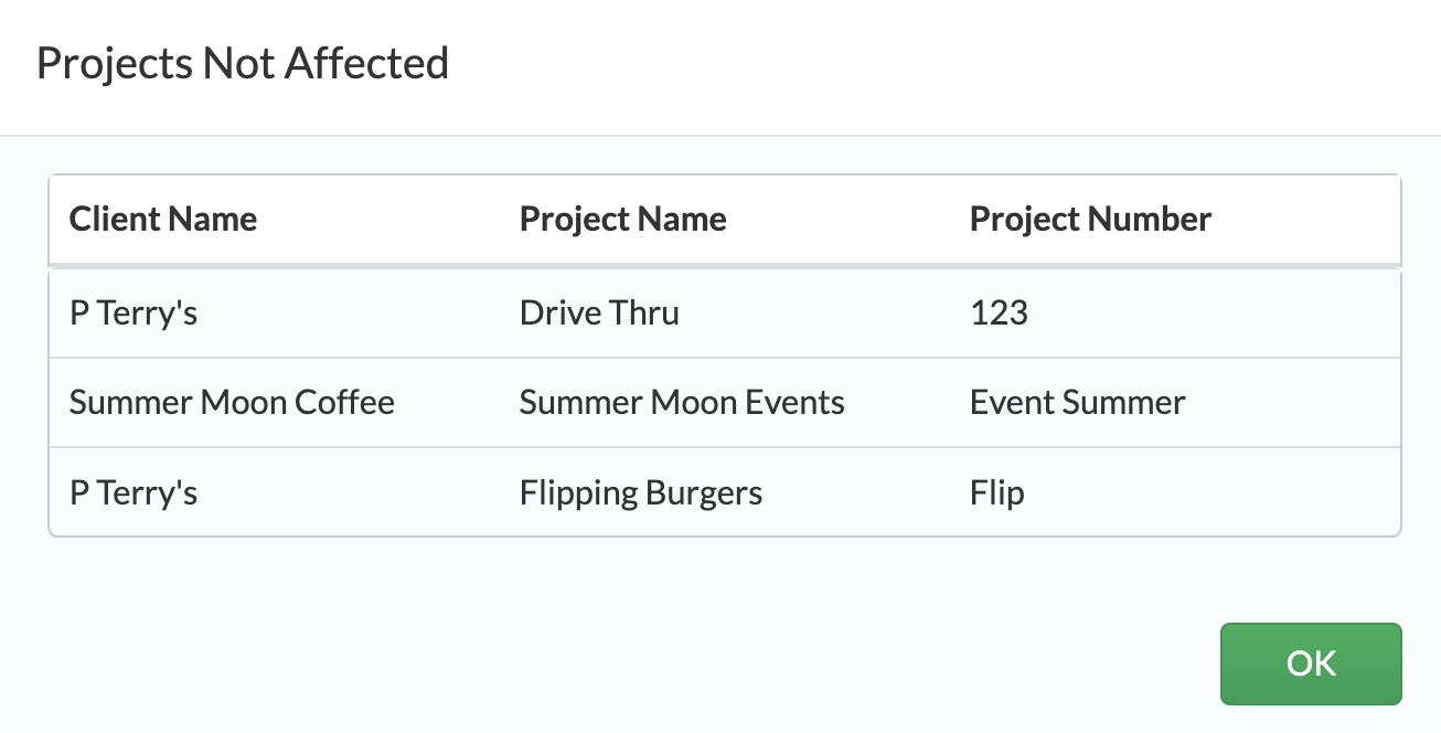 Confirmation window for updating historical billing rates