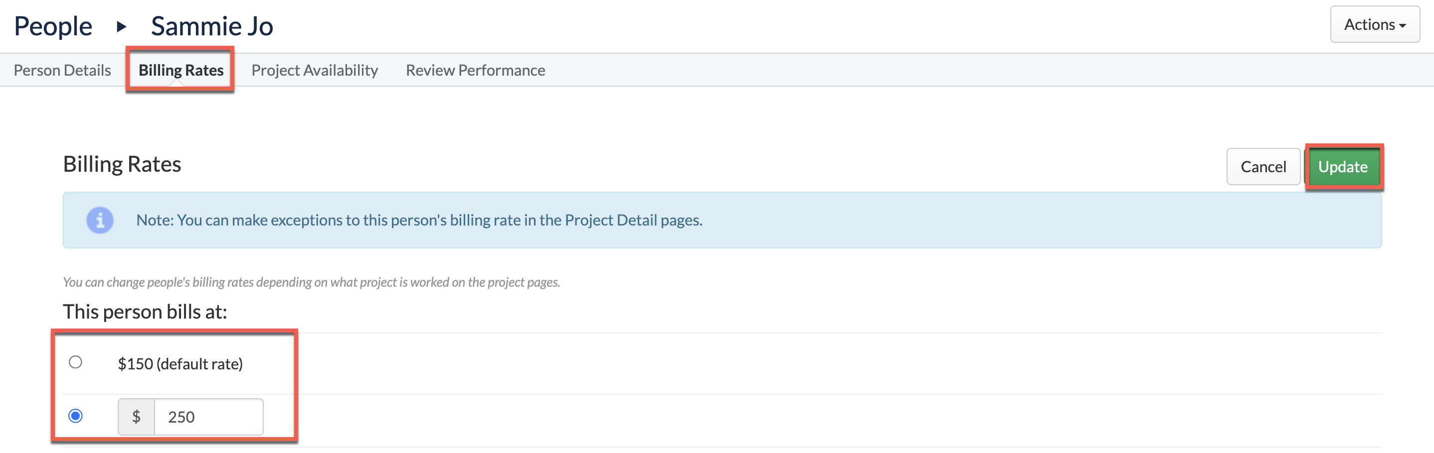 Default billing rate and custom rate options