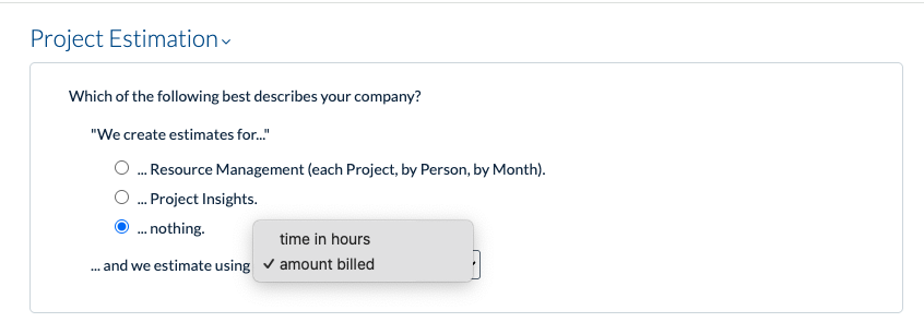 Project Estimation settings showing a choice between Project Insights and Resource Management