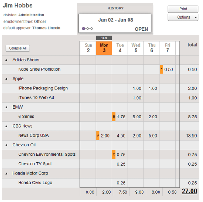 Horizontal Timesheet report showing hours by person and day