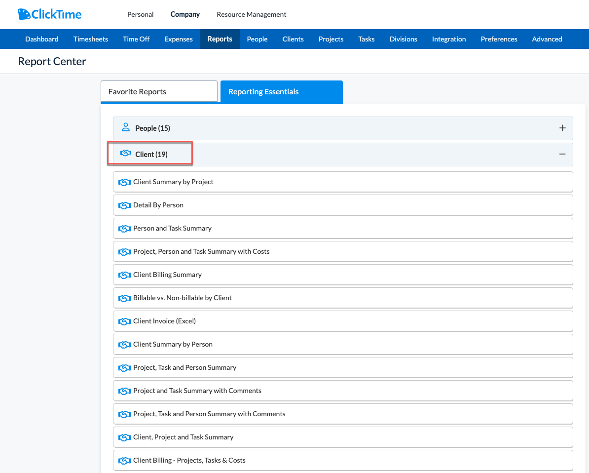 Expanded report family showing list of available reports