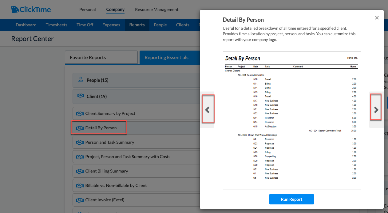 Report preview showing sample layout