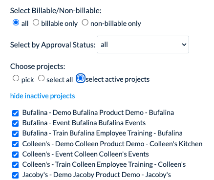 Client and project filters including active projects option