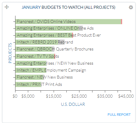 Budgets to Watch dashboard panel showing budget progress bars