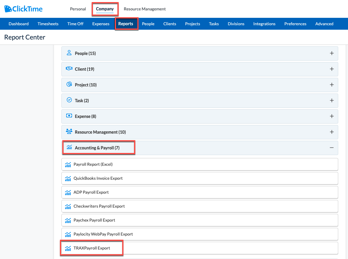 TRAXPayroll Export listed in the Accounting & Payroll Exports section
