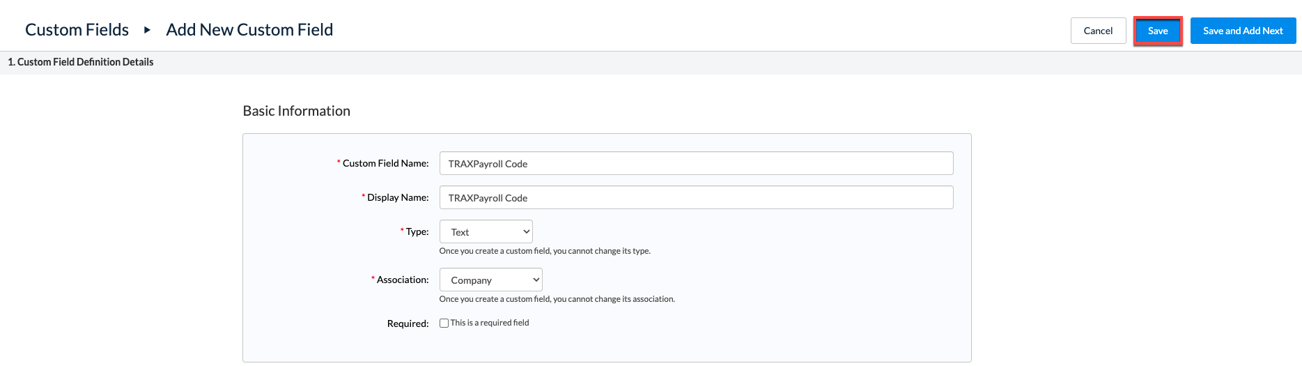 TRAXPayroll Code custom field example