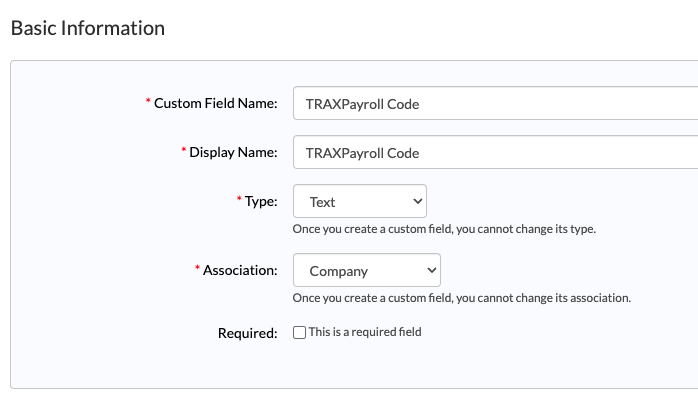 TRAXPayroll Code custom field details
