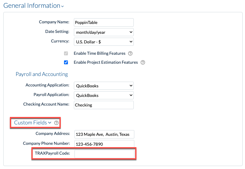 TRAXPayroll Code value entered in Company Preferences