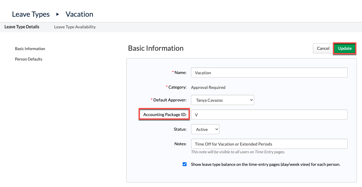 Accounting Package ID field on a Leave Type