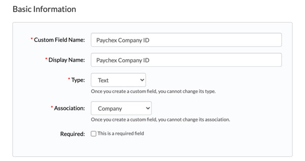 Paychex Company ID custom field configuration