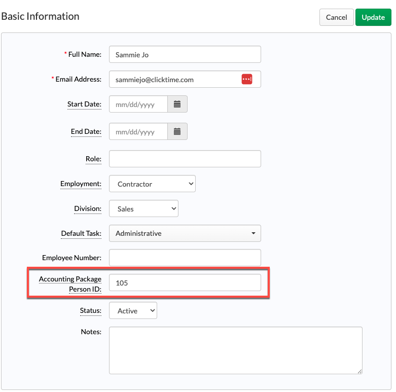 Accounting Package Person ID used as Employee Number