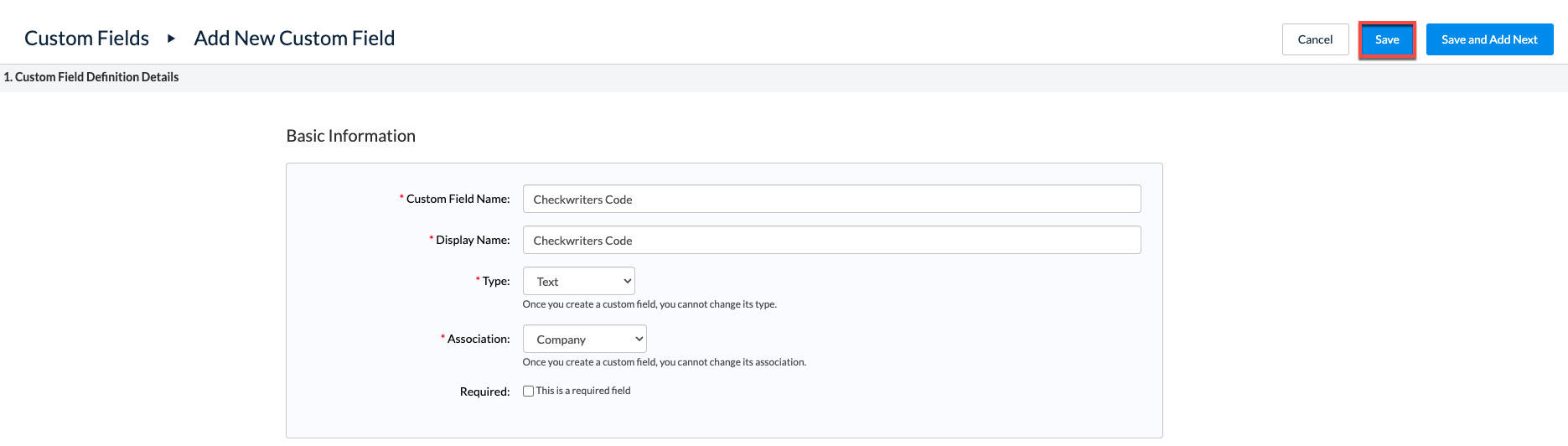 Checkwriters Code custom field configuration