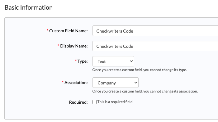 Checkwriters Code field settings