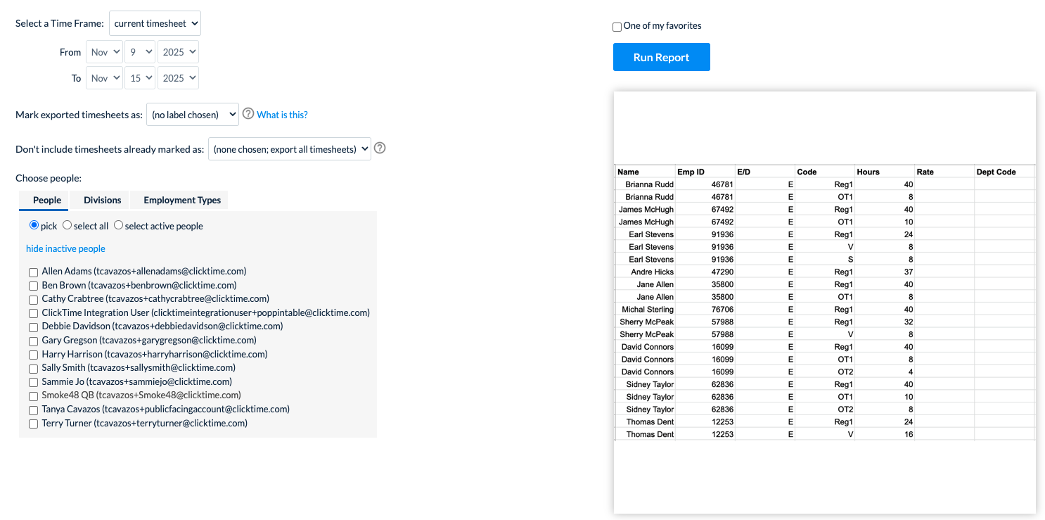 Checkwriters Payroll Export report criteria page