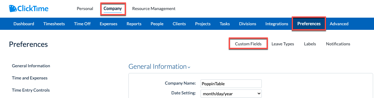Custom Fields section in Company Preferences