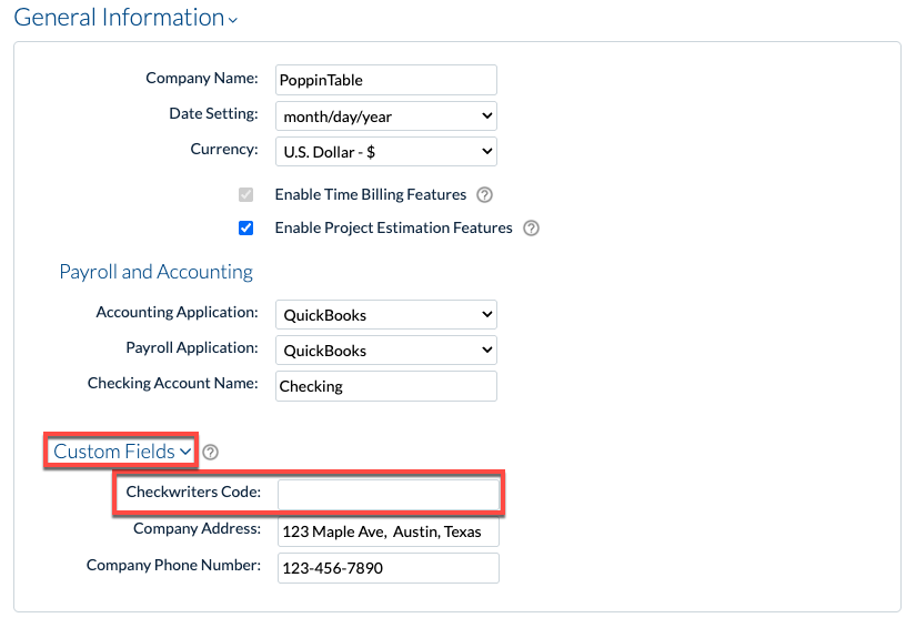 Checkwriters Code value in Company Preferences