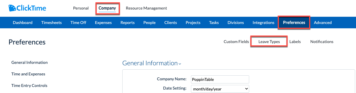 Leave Types list in Company Preferences