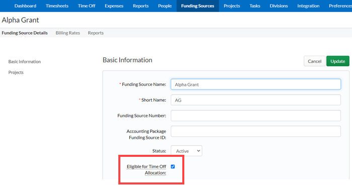 Eligible for time off allocation setting on Funding Source and Project detail pages