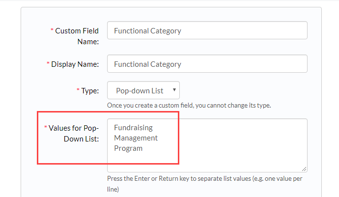 Pop-down list options for Functional Category