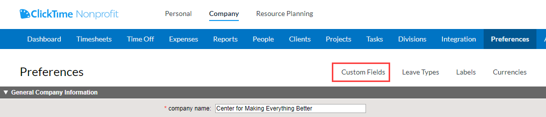 Preferences page with Custom Fields link highlighted