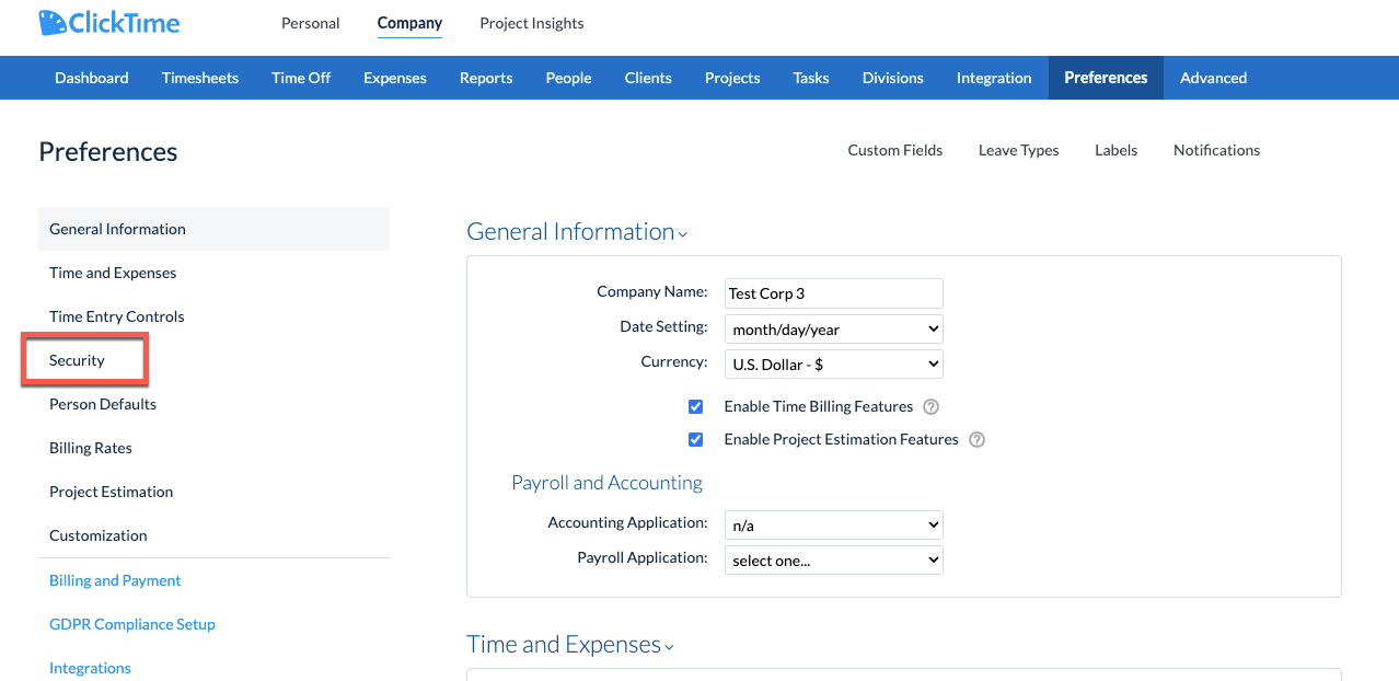 Security section in Company Preferences – Audit logging toggle