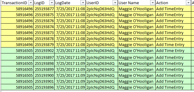 Two time entries saved together – grouped by color