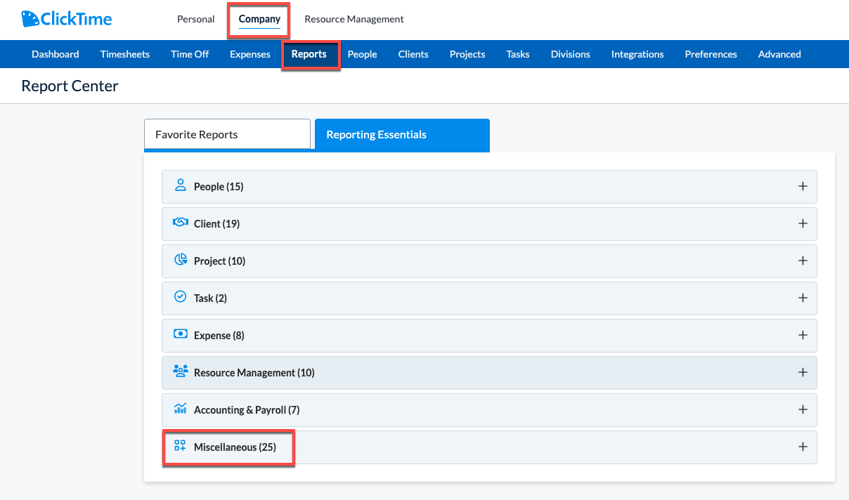 Report Center – Miscellaneous section