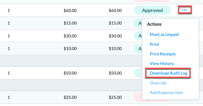 Expense Sheet page – Download Audit Log