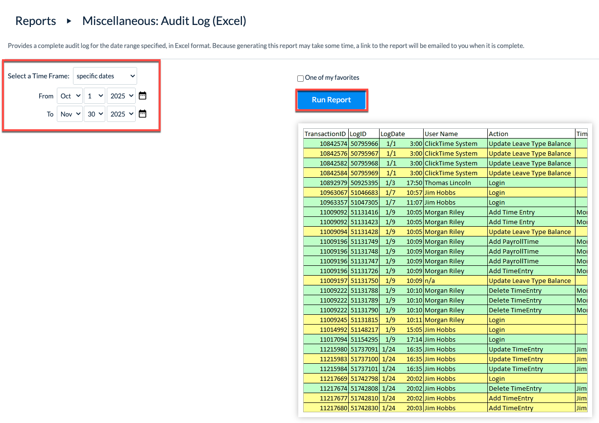 Audit Log run dialog