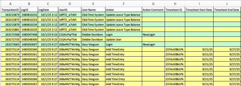 Sample Audit Log rows (example 1)