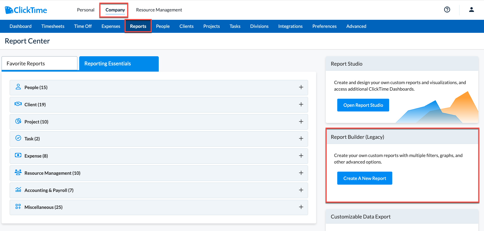 Report Builder (Legacy) panel on Reports page