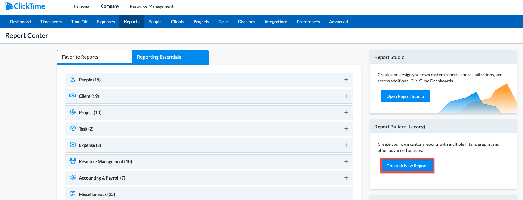 Create a New Report button in Report Builder section