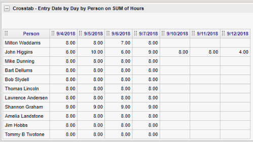 Crosstab by Entry Date showing daily totals by person