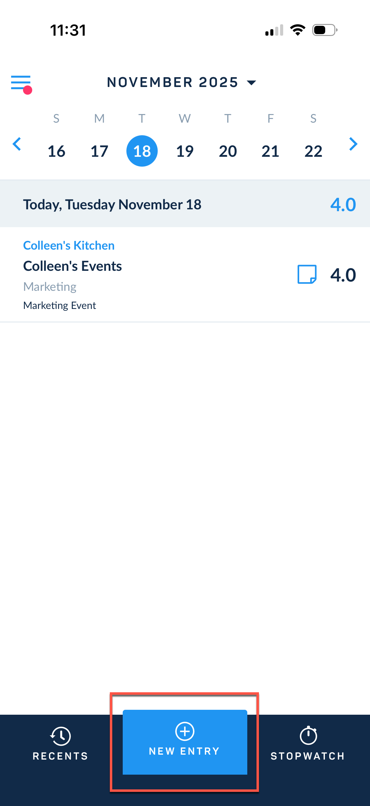 New Entry button on mobile home screen