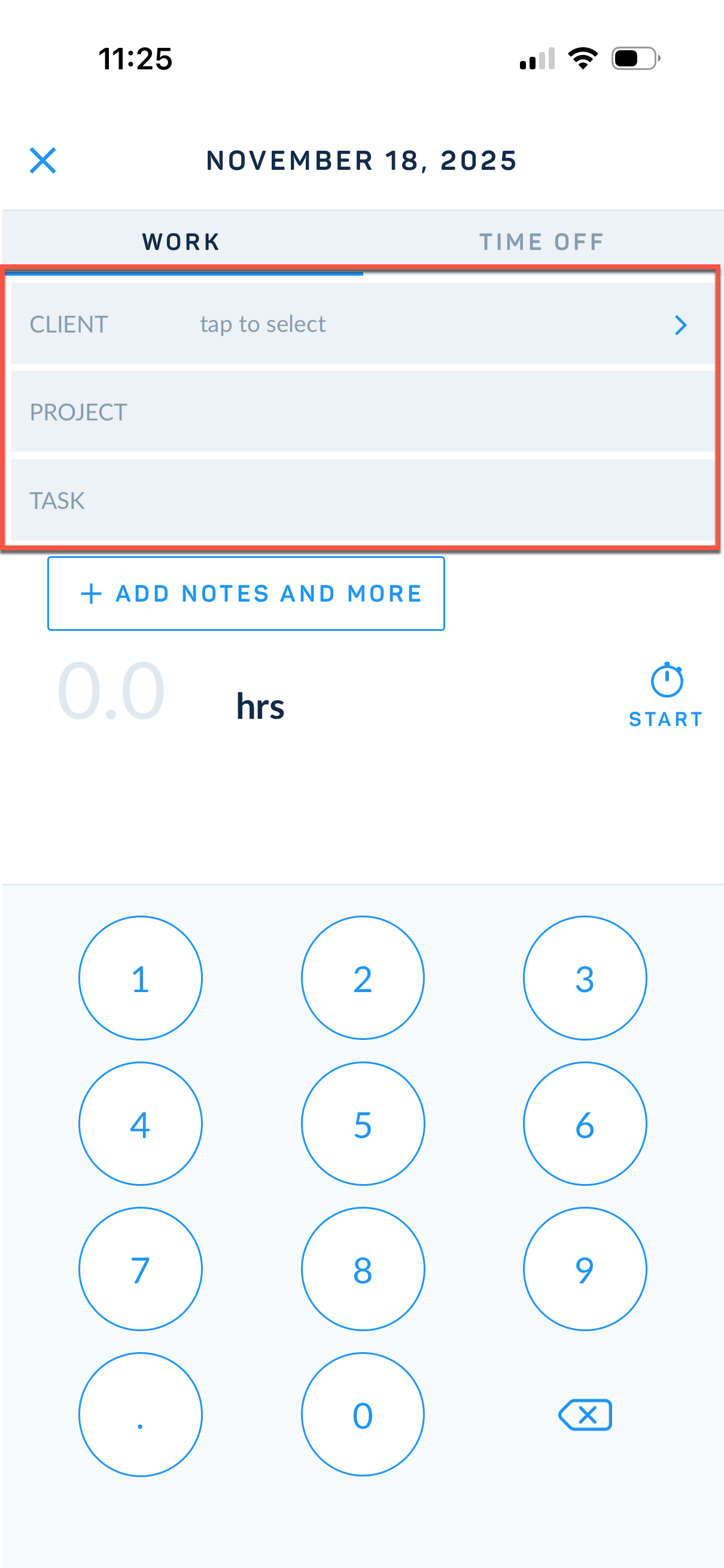 Selecting Client, Project, and Task