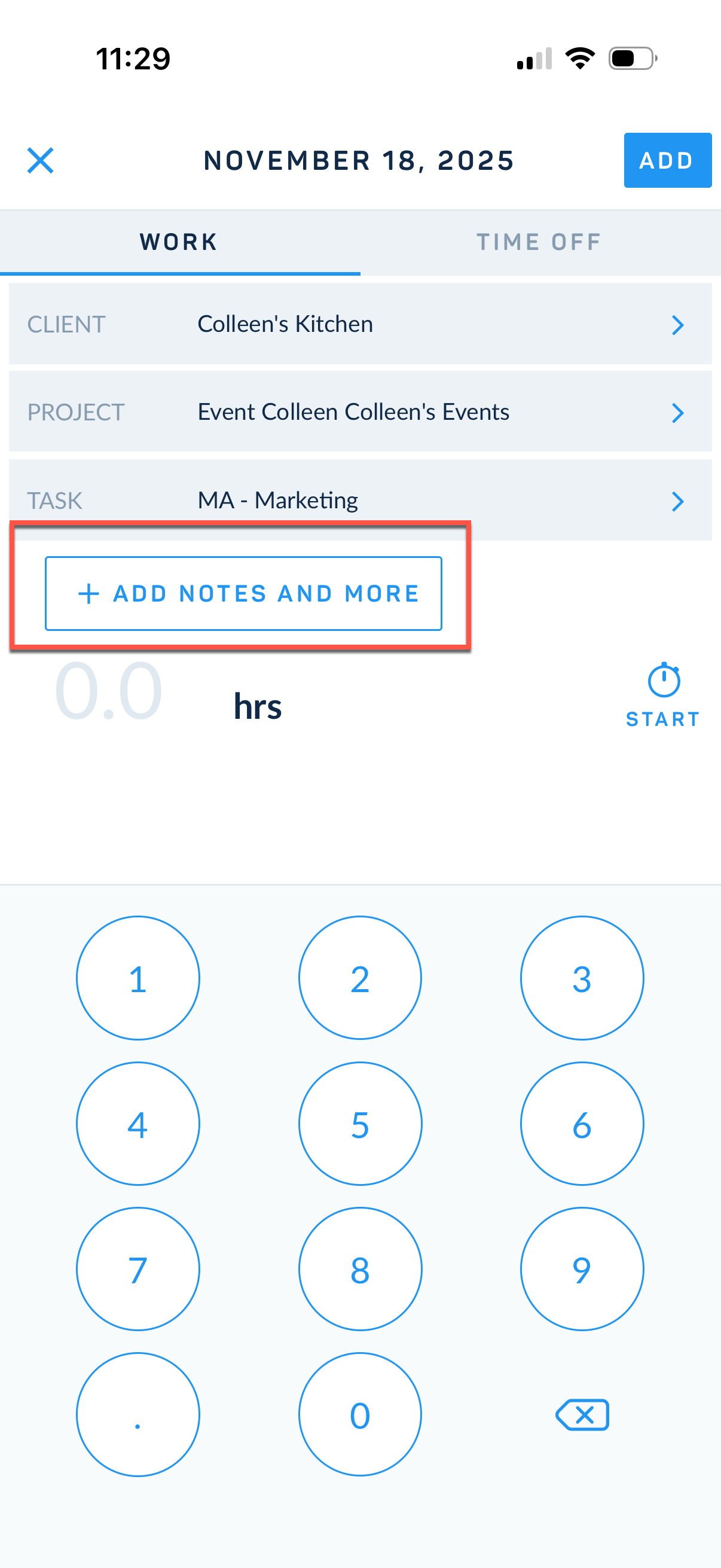 Add Notes and More button