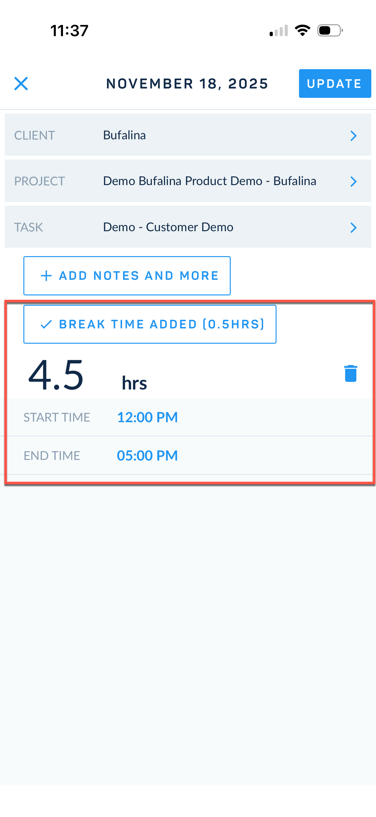 Break applied to total hours