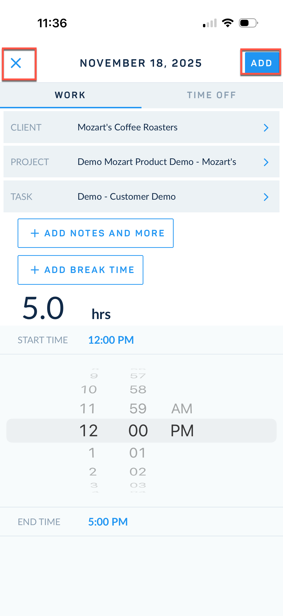 Saving Start / End Time entry