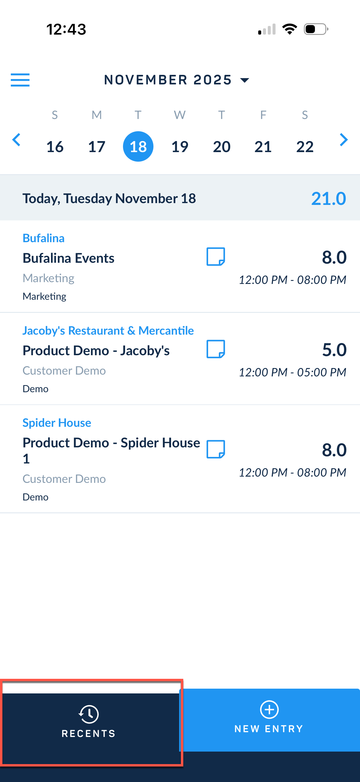 Recents button on time entry
