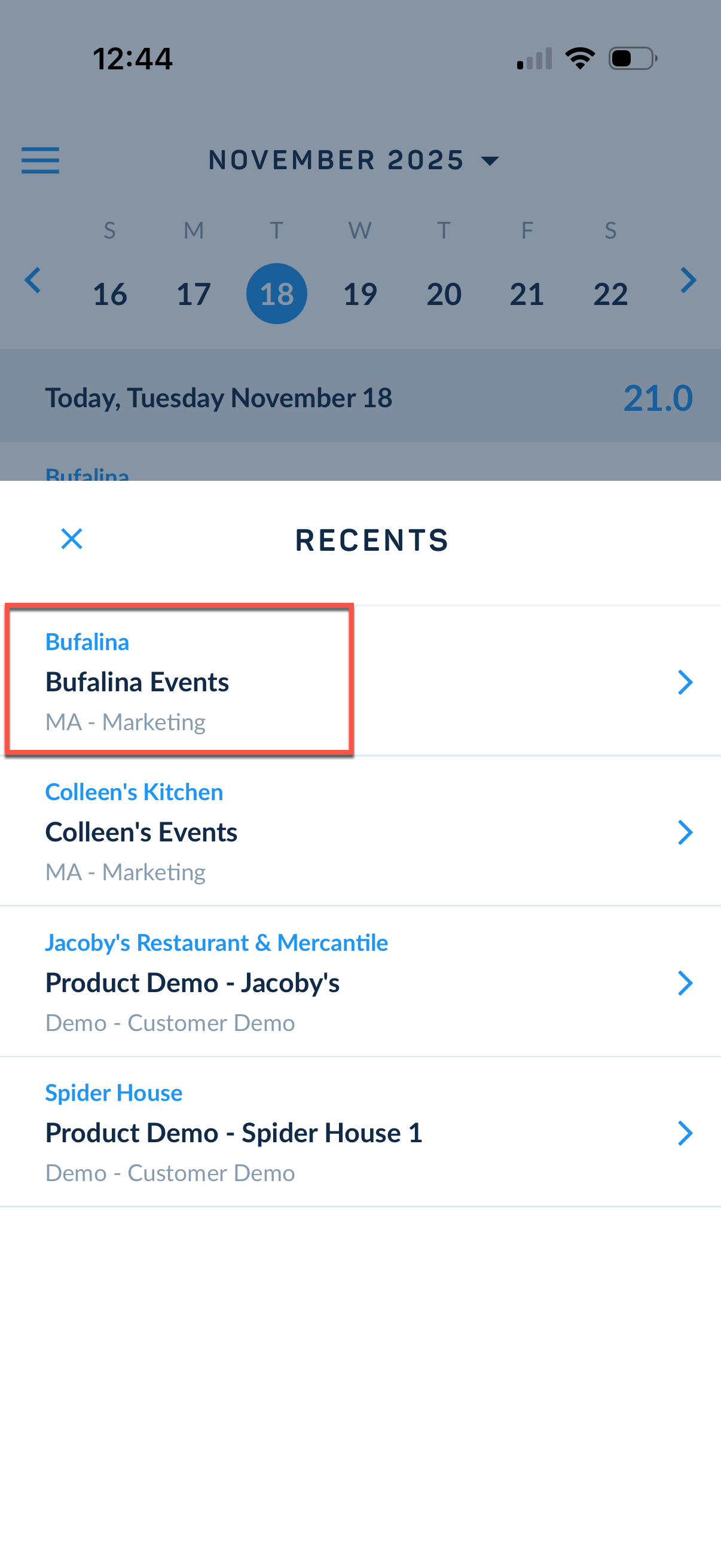 Recents menu options