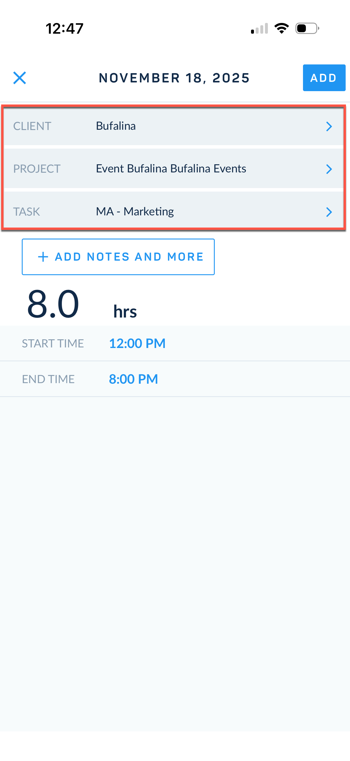 Time entry populated from Recents
