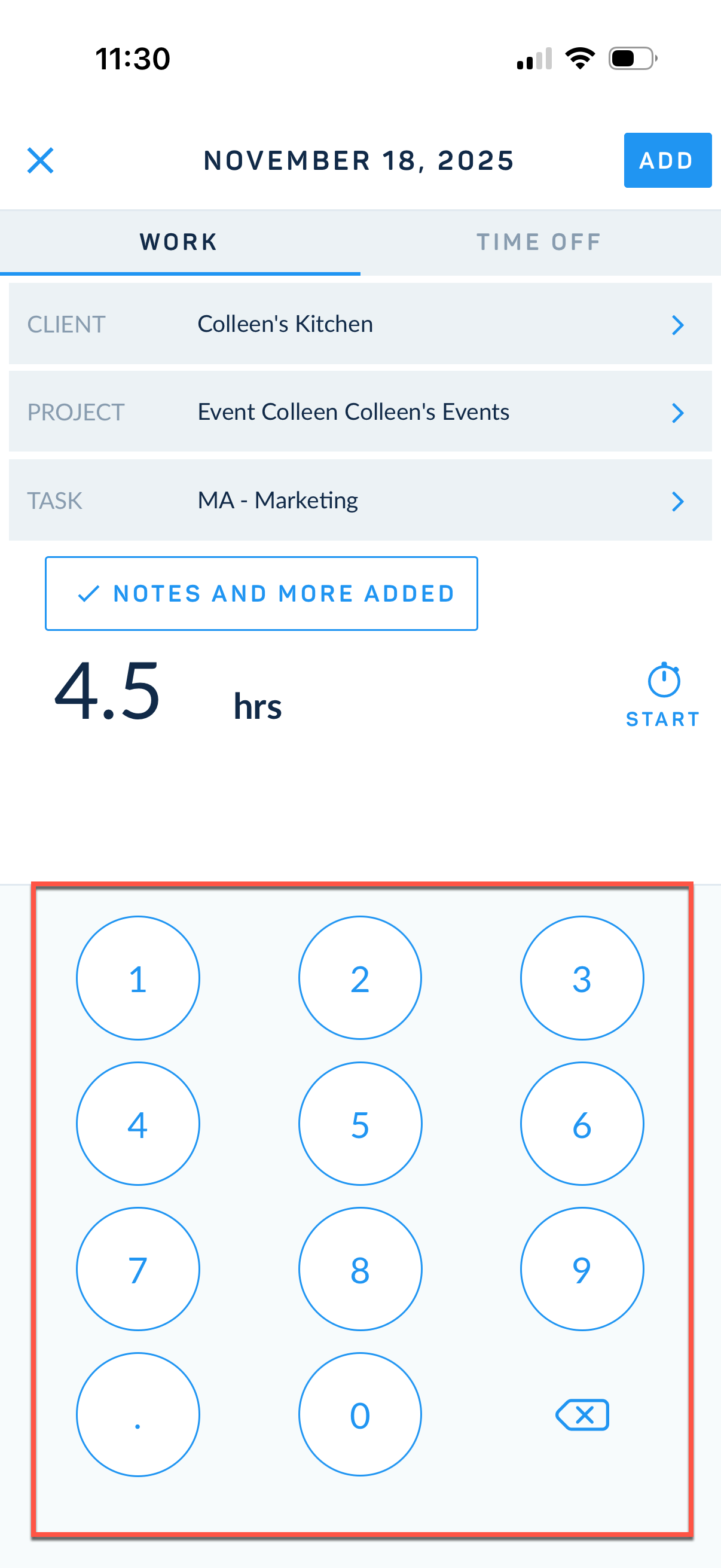 Numeric keypad for hours