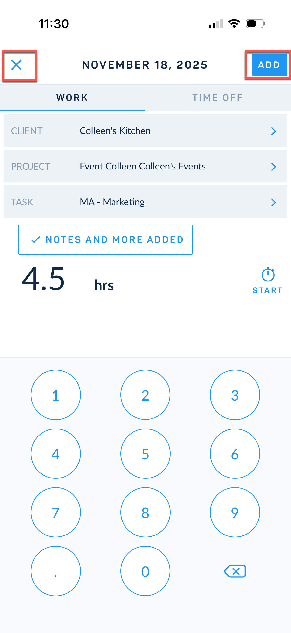 Saving a time entry
